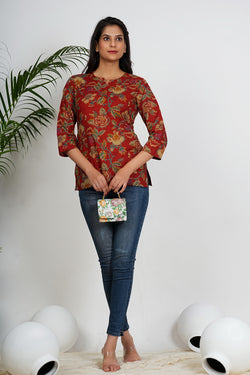 Red Color Floral Printed Straight Cotton Tunic