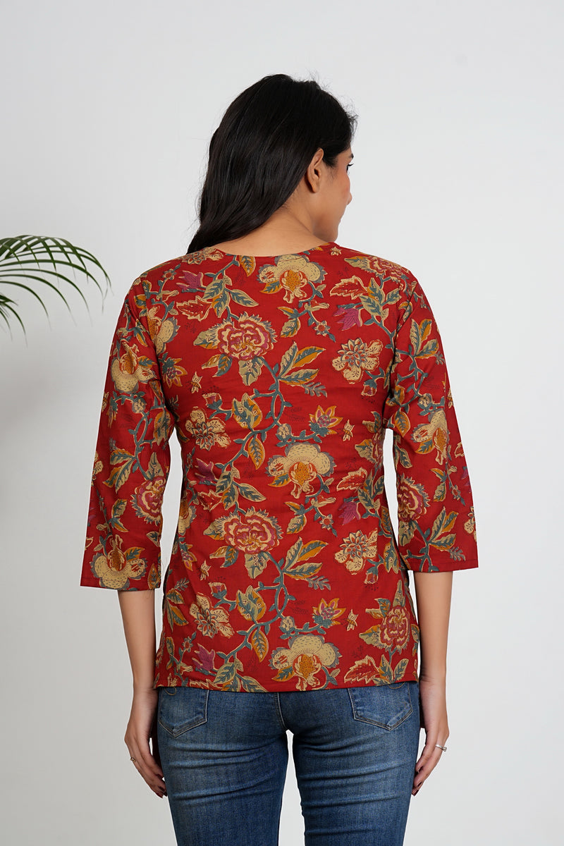 Red Color Floral Printed Straight Cotton Tunic