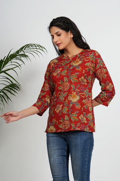 Red Color Floral Printed Straight Cotton Tunic