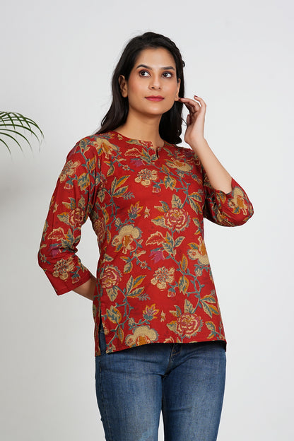 Red Color Floral Printed Straight Cotton Tunic