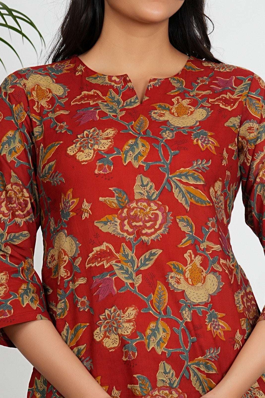 Red Color Floral Printed Straight Cotton Tunic