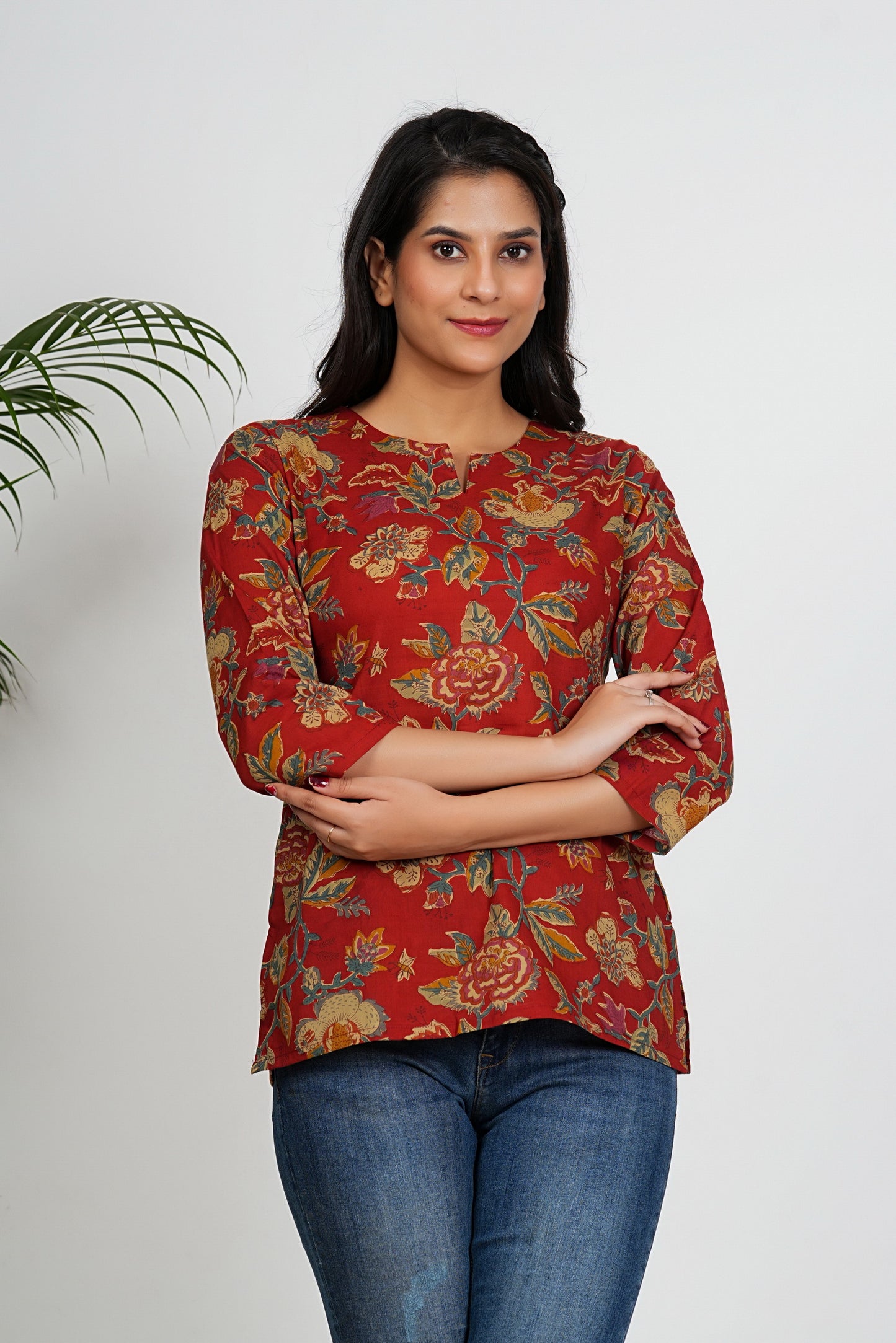 Red Color Floral Printed Straight Cotton Tunic