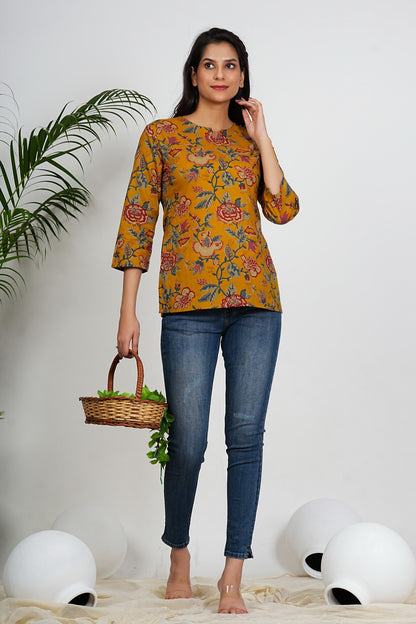 Mustard Color Floral Printed Straight Cotton Tunic Top