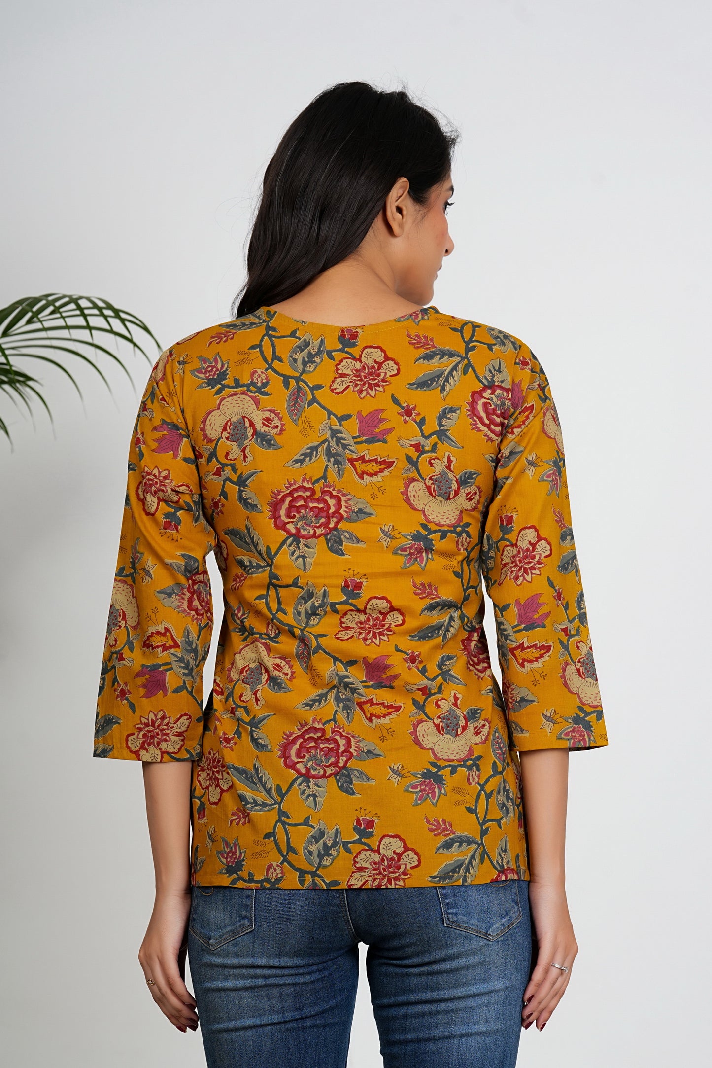 Mustard Color Floral Printed Straight Cotton Tunic Top