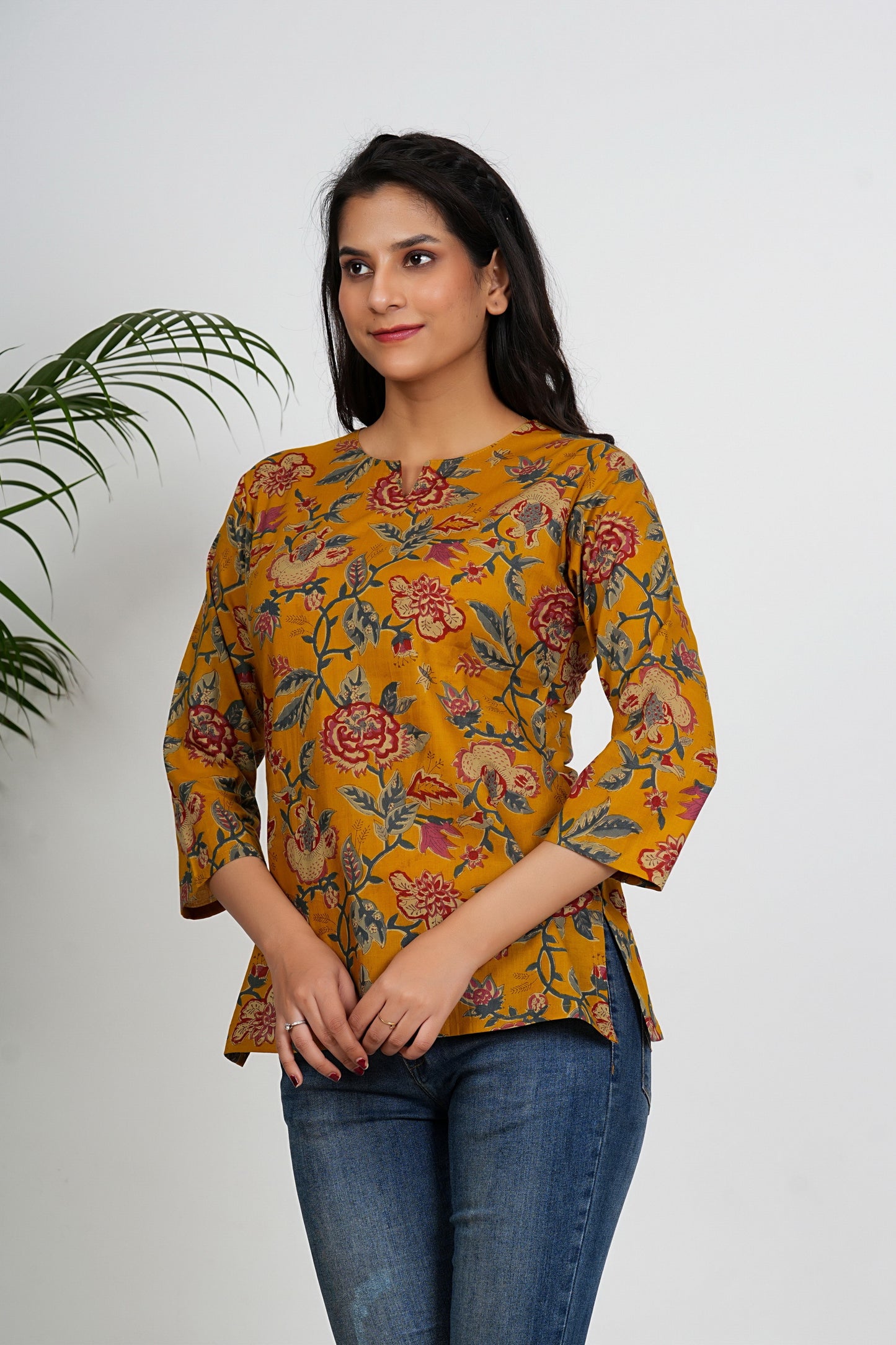 Mustard Color Floral Printed Straight Cotton Tunic Top