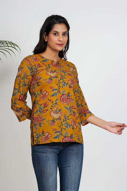 Mustard Color Floral Printed Straight Cotton Tunic Top