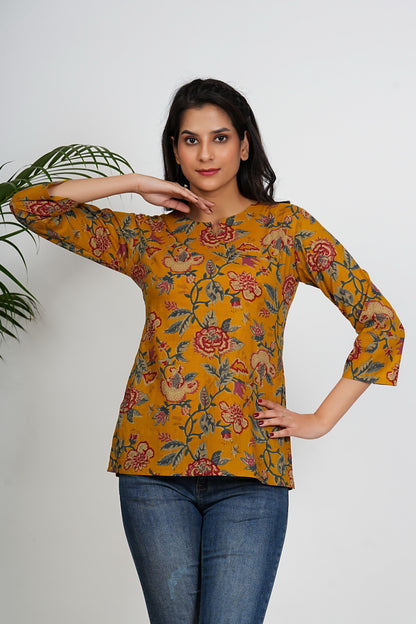 Mustard Color Floral Printed Straight Cotton Tunic Top