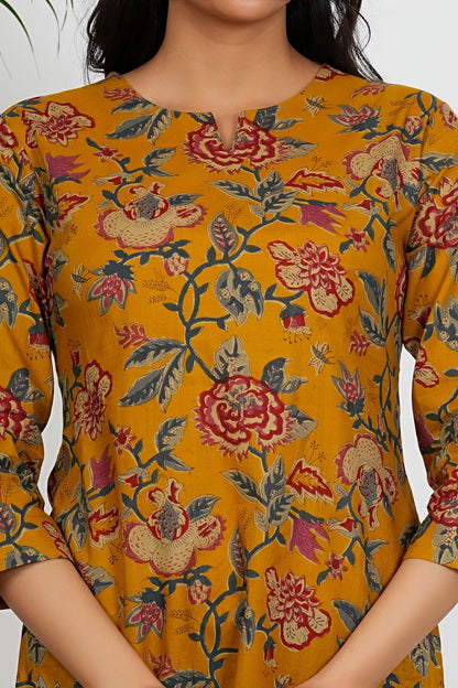 Mustard Color Floral Printed Straight Cotton Tunic Top