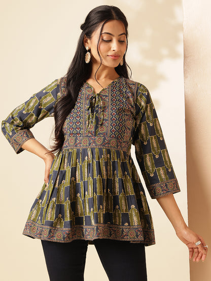 Aqua Blue Floral Print Flared Cotton Tunic Top