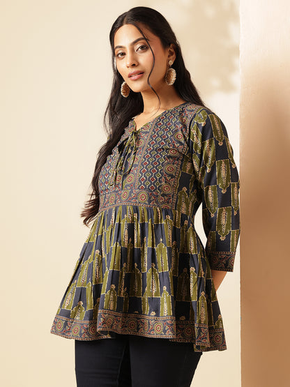 Aqua Blue Floral Print Flared Cotton Tunic Top