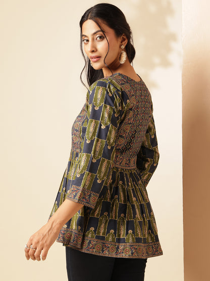 Aqua Blue Floral Print Flared Cotton Tunic Top