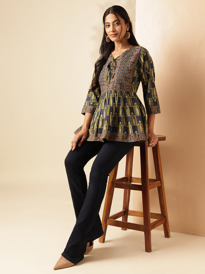 Aqua Blue Floral Print Flared Cotton Tunic Top