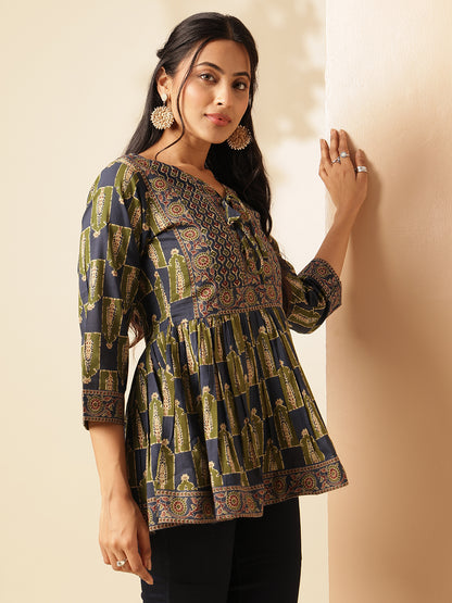 Aqua Blue Floral Print Flared Cotton Tunic Top