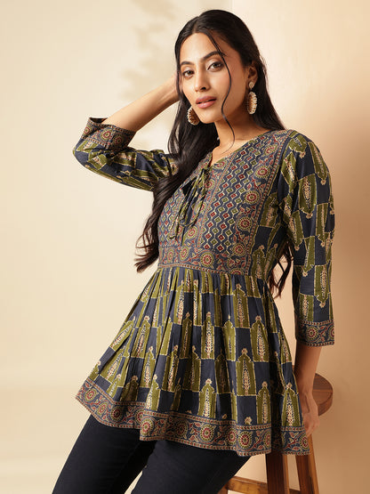 Aqua Blue Floral Print Flared Cotton Tunic Top