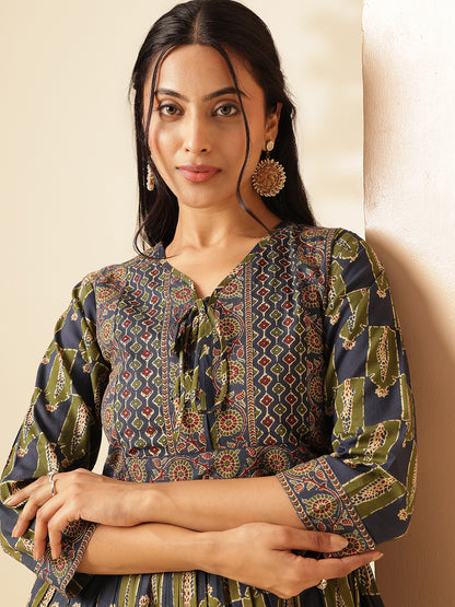 Aqua Blue Floral Print Flared Cotton Tunic Top