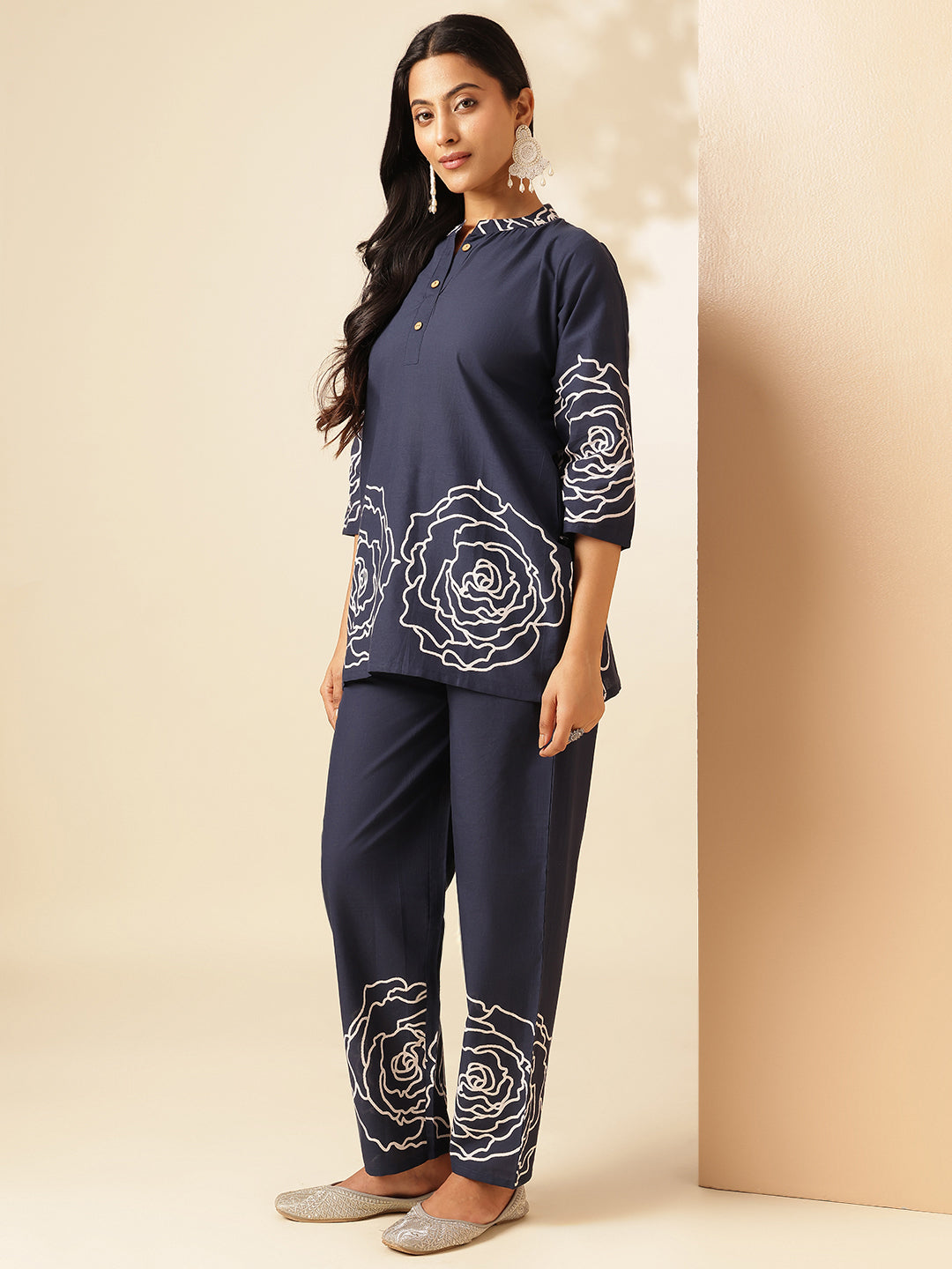 Navy Blue Cotton Floral Print Straight Co-Ord Set