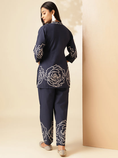 Navy Blue Cotton Floral Print Straight Co-Ord Set