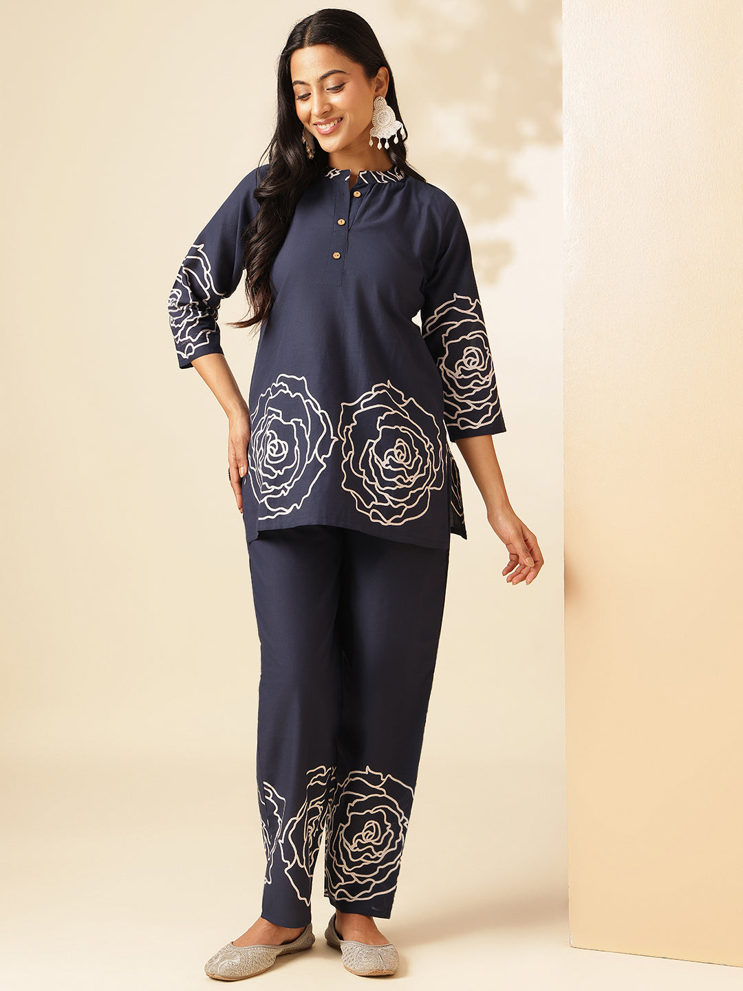 Navy Blue Cotton Floral Print Straight Co-Ord Set