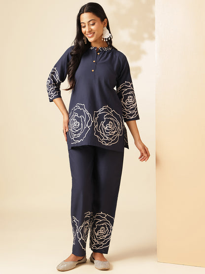 Navy Blue Cotton Floral Print Straight Co-Ord Set