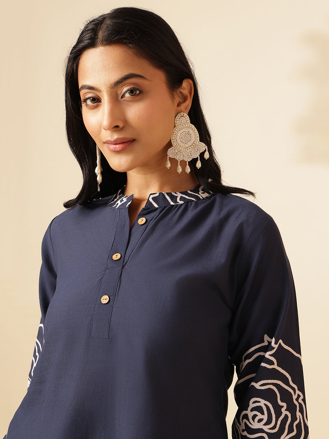 Navy Blue Cotton Floral Print Straight Co-Ord Set
