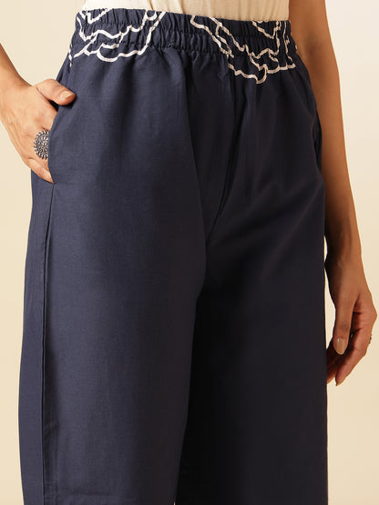 Navy Blue Cotton Floral Print Straight Co-Ord Set