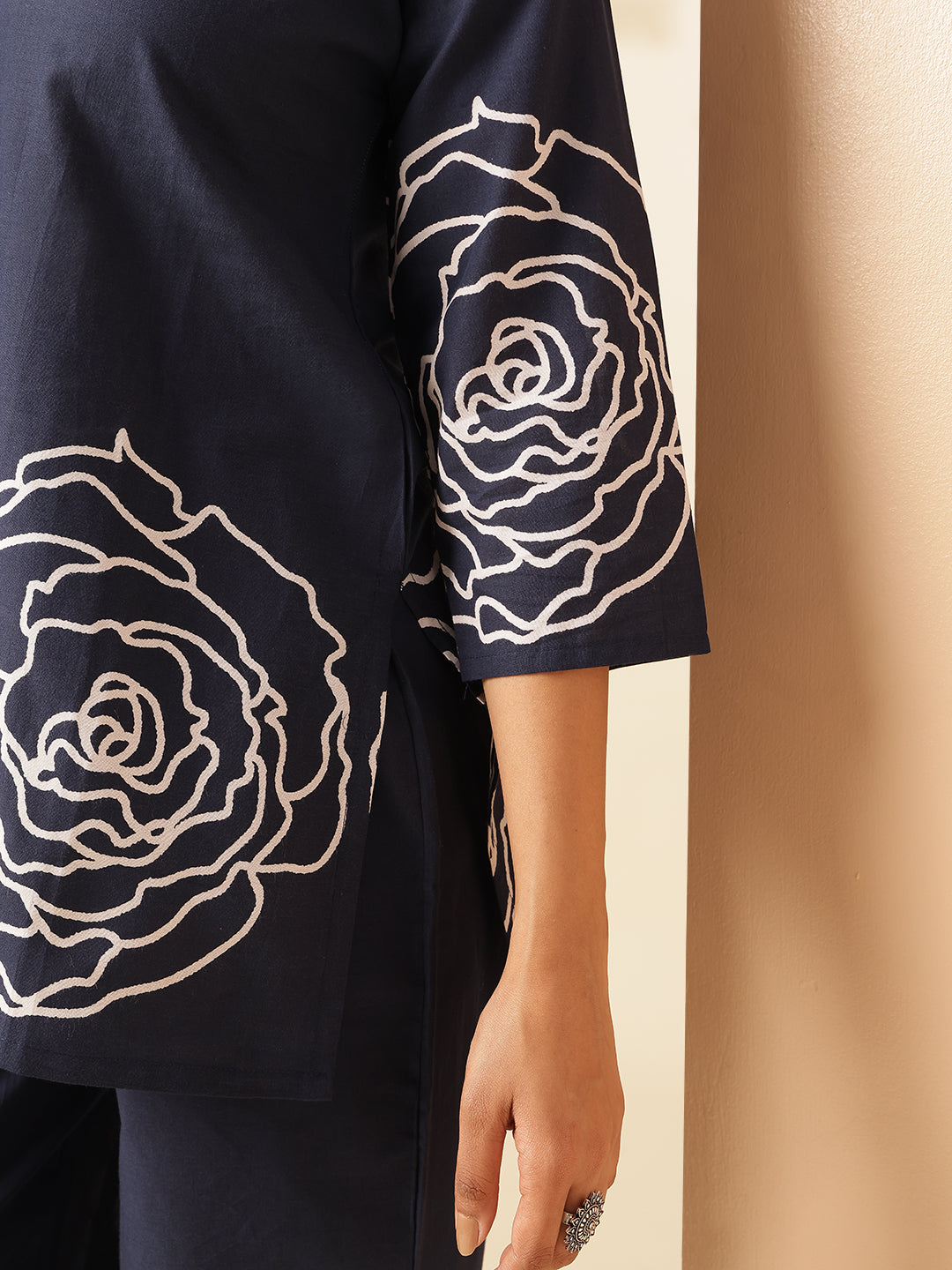 Navy Blue Cotton Floral Print Straight Co-Ord Set