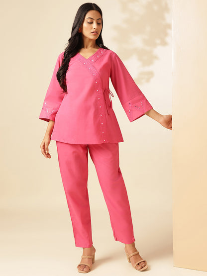 Pink Cotton Solid Angrakha Co-Ord Set