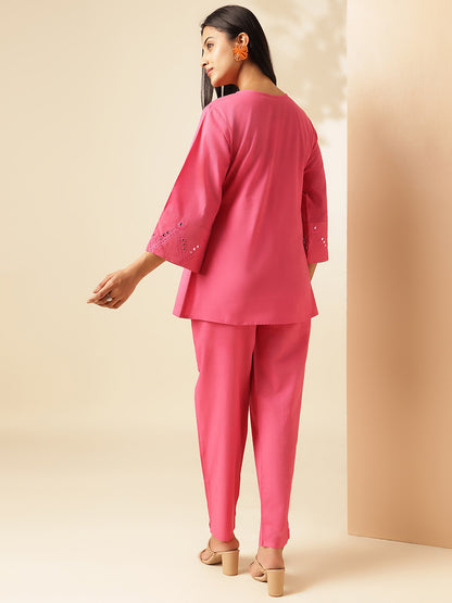 Pink Cotton Solid Angrakha Co-Ord Set