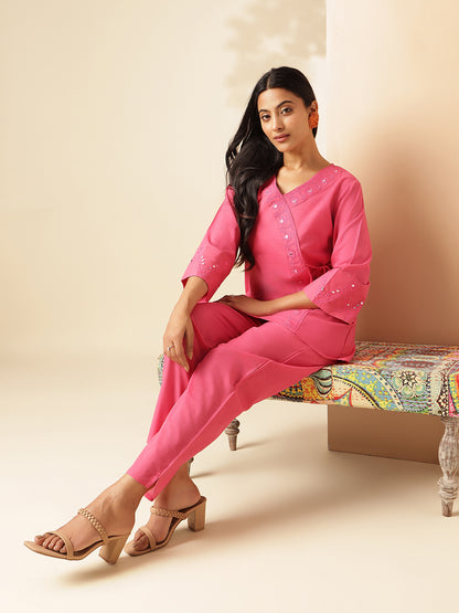 Pink Cotton Solid Angrakha Co-Ord Set
