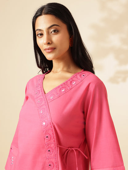 Pink Cotton Solid Angrakha Co-Ord Set