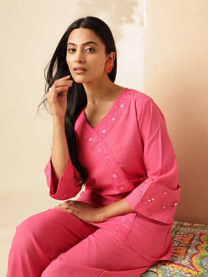 Pink Cotton Solid Angrakha Co-Ord Set
