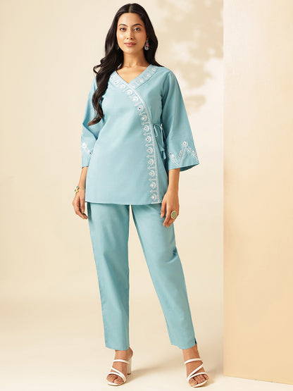 Sky Blue Cotton Solid Angrakha Co-Ord Set