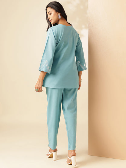 Sky Blue Cotton Solid Angrakha Co-Ord Set