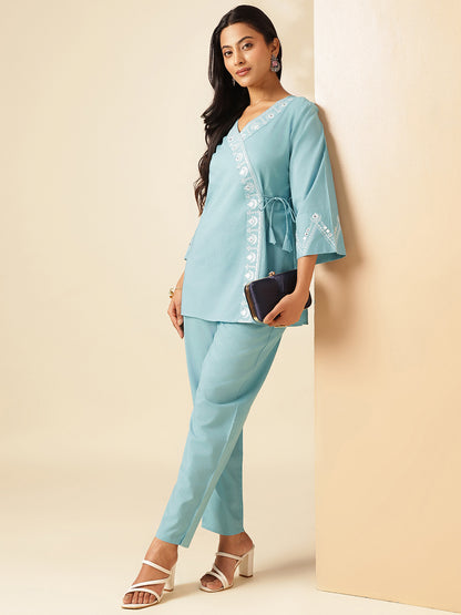 Sky Blue Cotton Solid Angrakha Co-Ord Set
