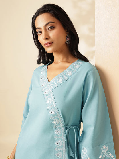 Sky Blue Cotton Solid Angrakha Co-Ord Set