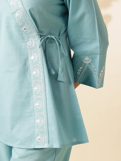 Sky Blue Cotton Solid Angrakha Co-Ord Set