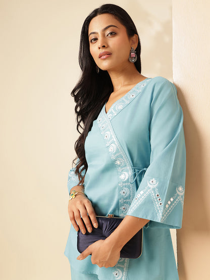 Sky Blue Cotton Solid Angrakha Co-Ord Set
