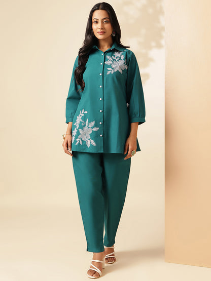Teal Cotton Solid A-Line Co-Ord Set