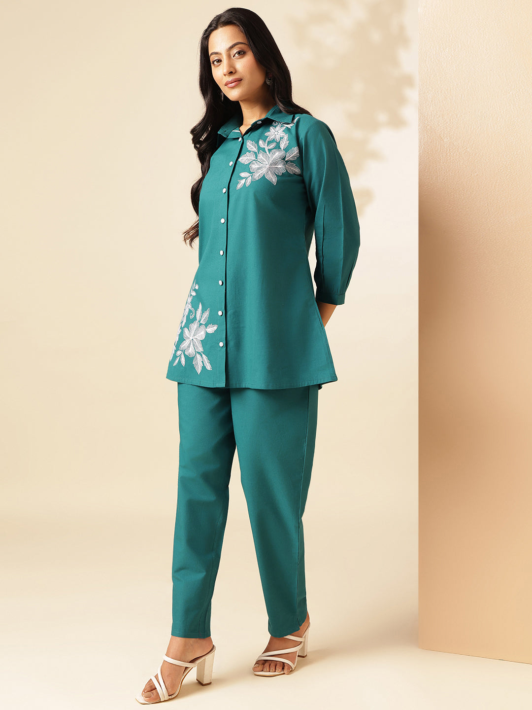 Teal Cotton Solid A-Line Co-Ord Set