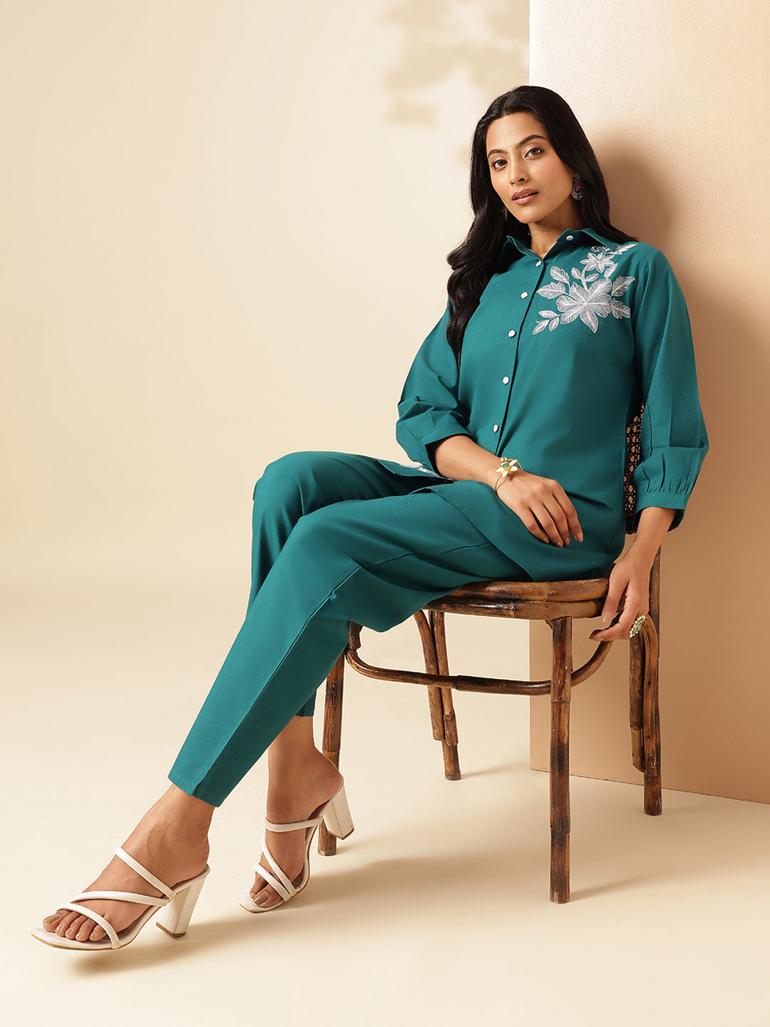 Teal Cotton Solid A-Line Co-Ord Set