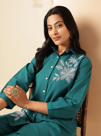Teal Cotton Solid A-Line Co-Ord Set