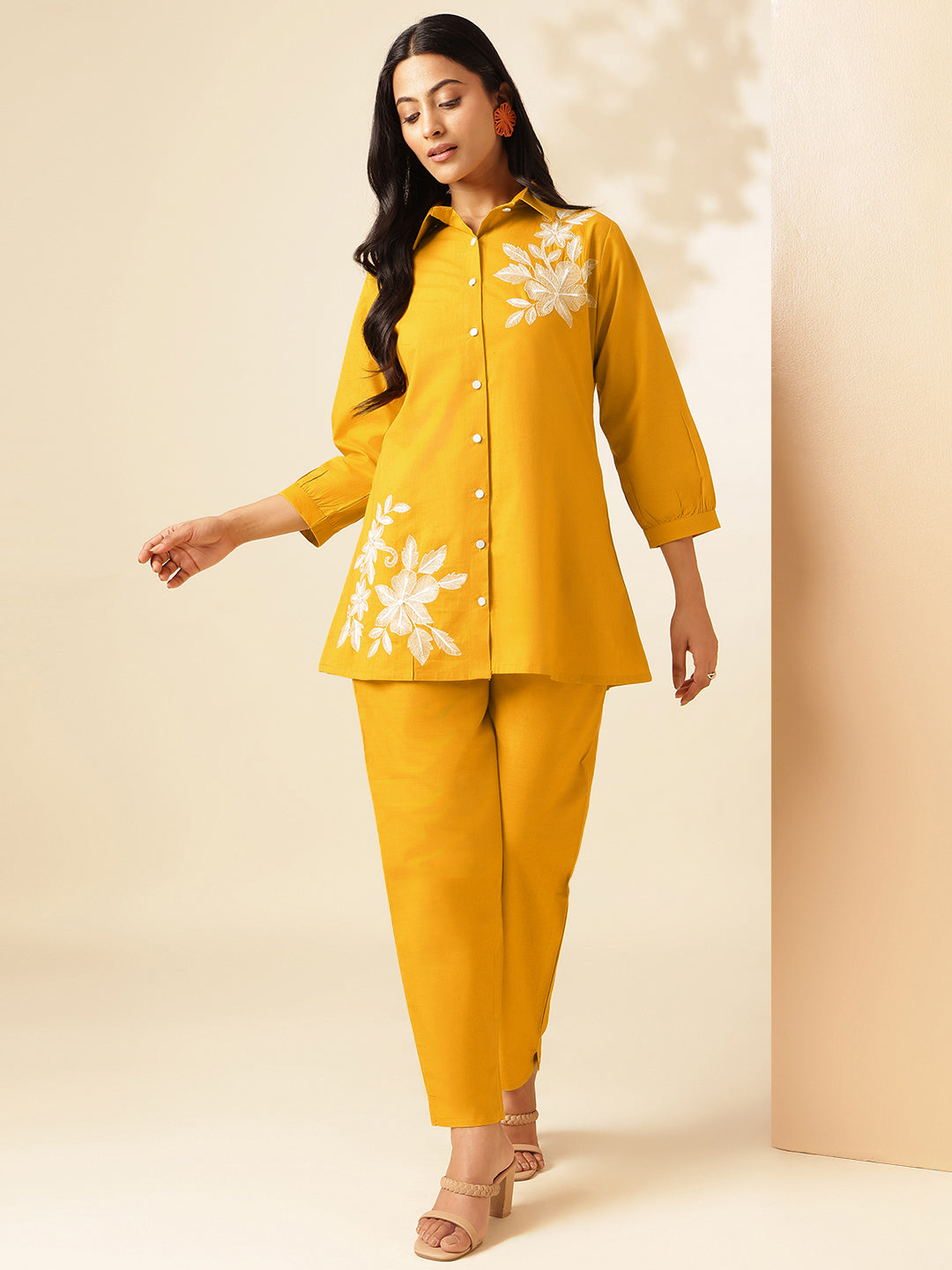 Yellow Cotton Solid A-Line Co-Ord Set