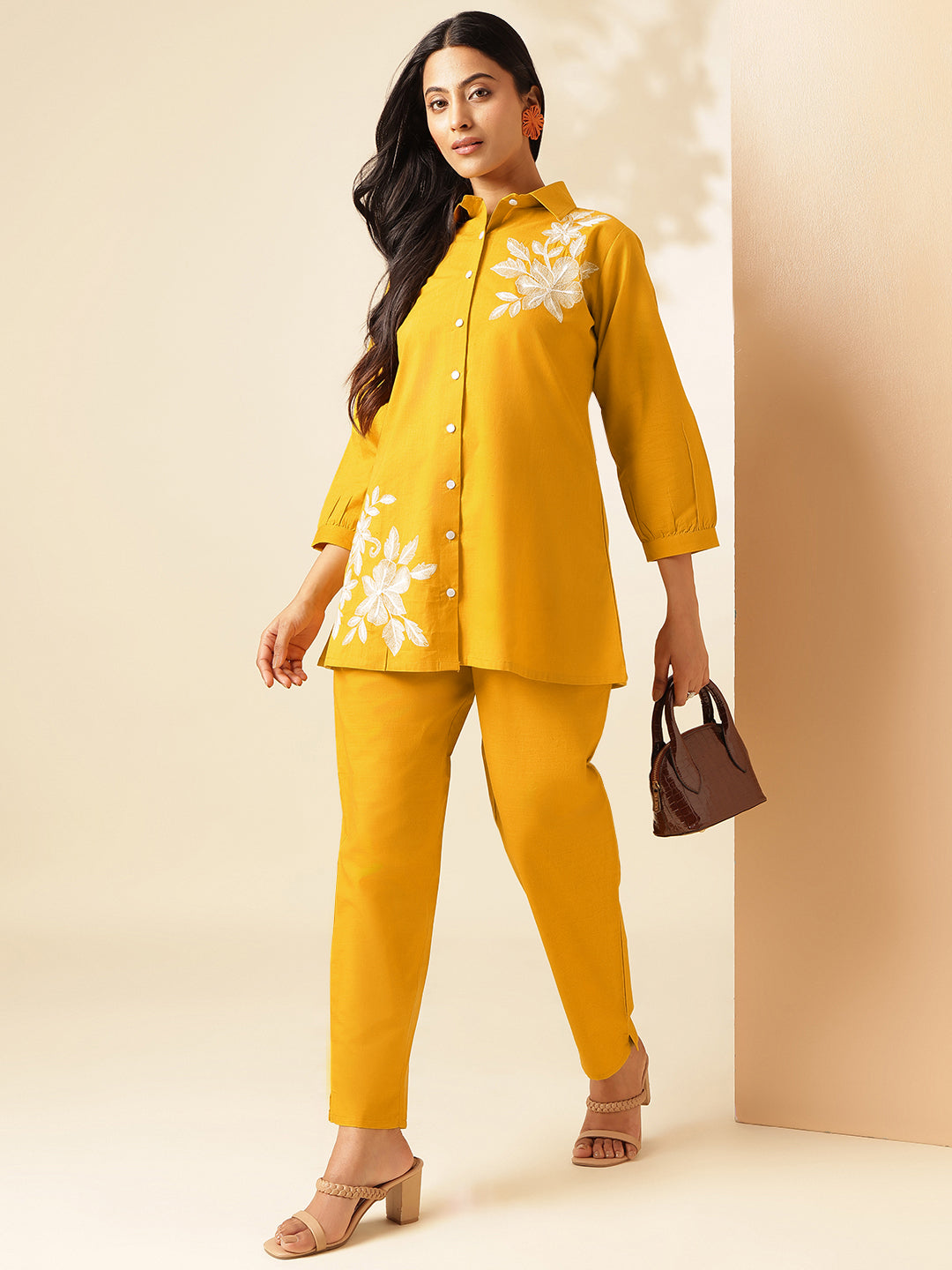 Yellow Cotton Solid A-Line Co-Ord Set