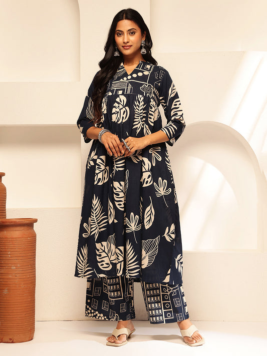 Navy Blue Cotton Leaf Print Anarkali Kurta Set