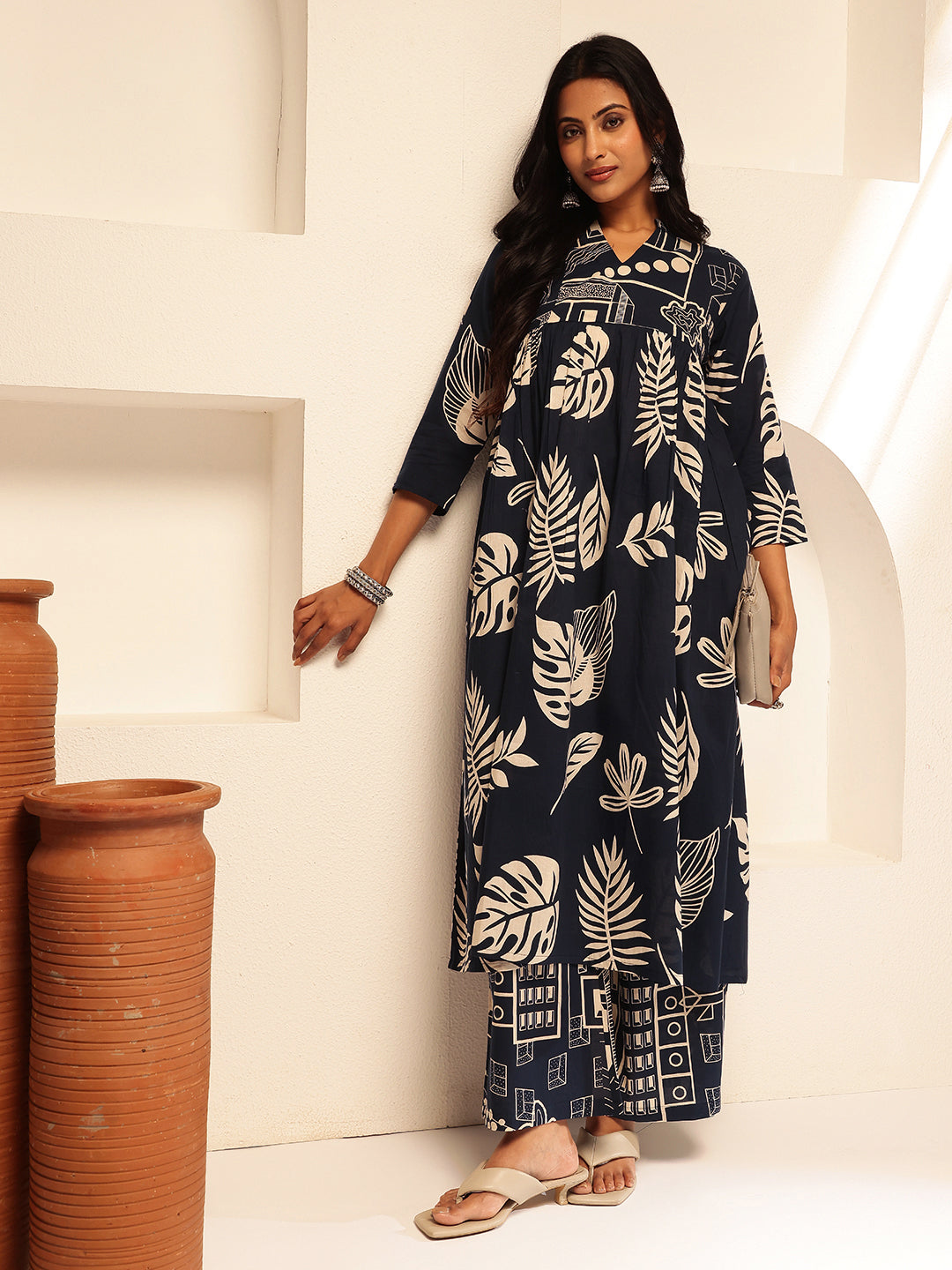Navy Blue Cotton Leaf Print Anarkali Kurta Set