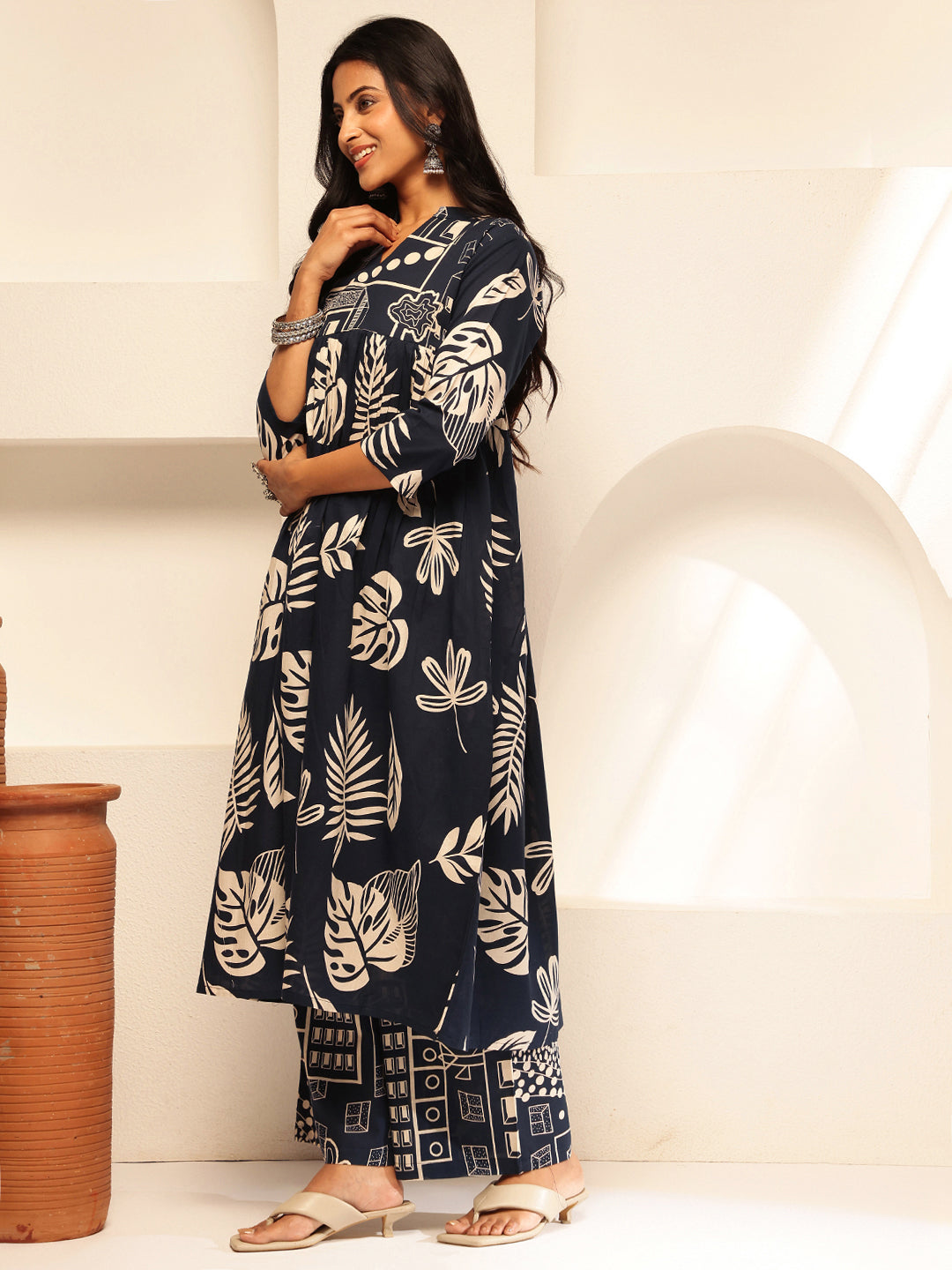 Navy Blue Cotton Leaf Print Anarkali Kurta Set