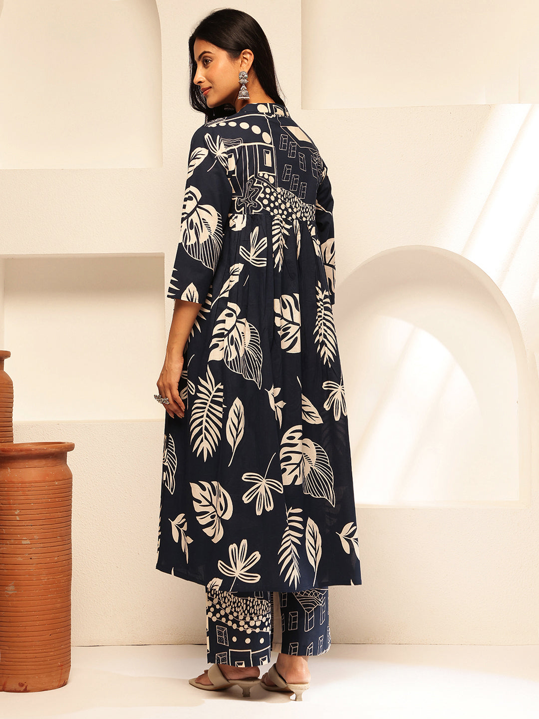 Navy Blue Cotton Leaf Print Anarkali Kurta Set