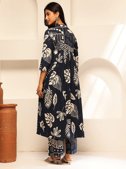 Navy Blue Cotton Leaf Print Anarkali Kurta Set