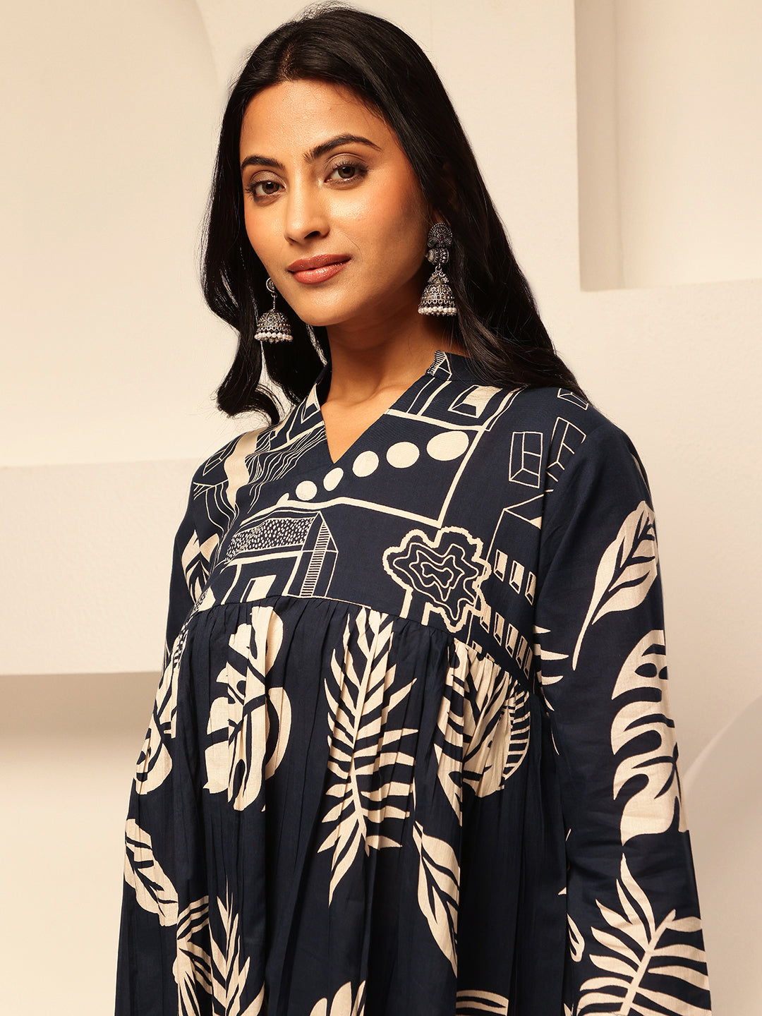 Navy Blue Cotton Leaf Print Anarkali Kurta Set