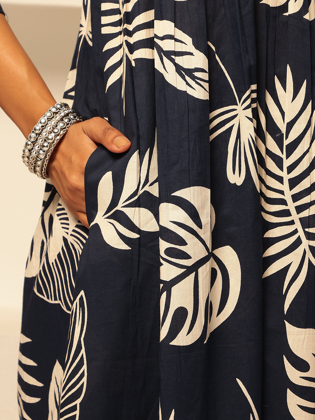 Navy Blue Cotton Leaf Print Anarkali Kurta Set